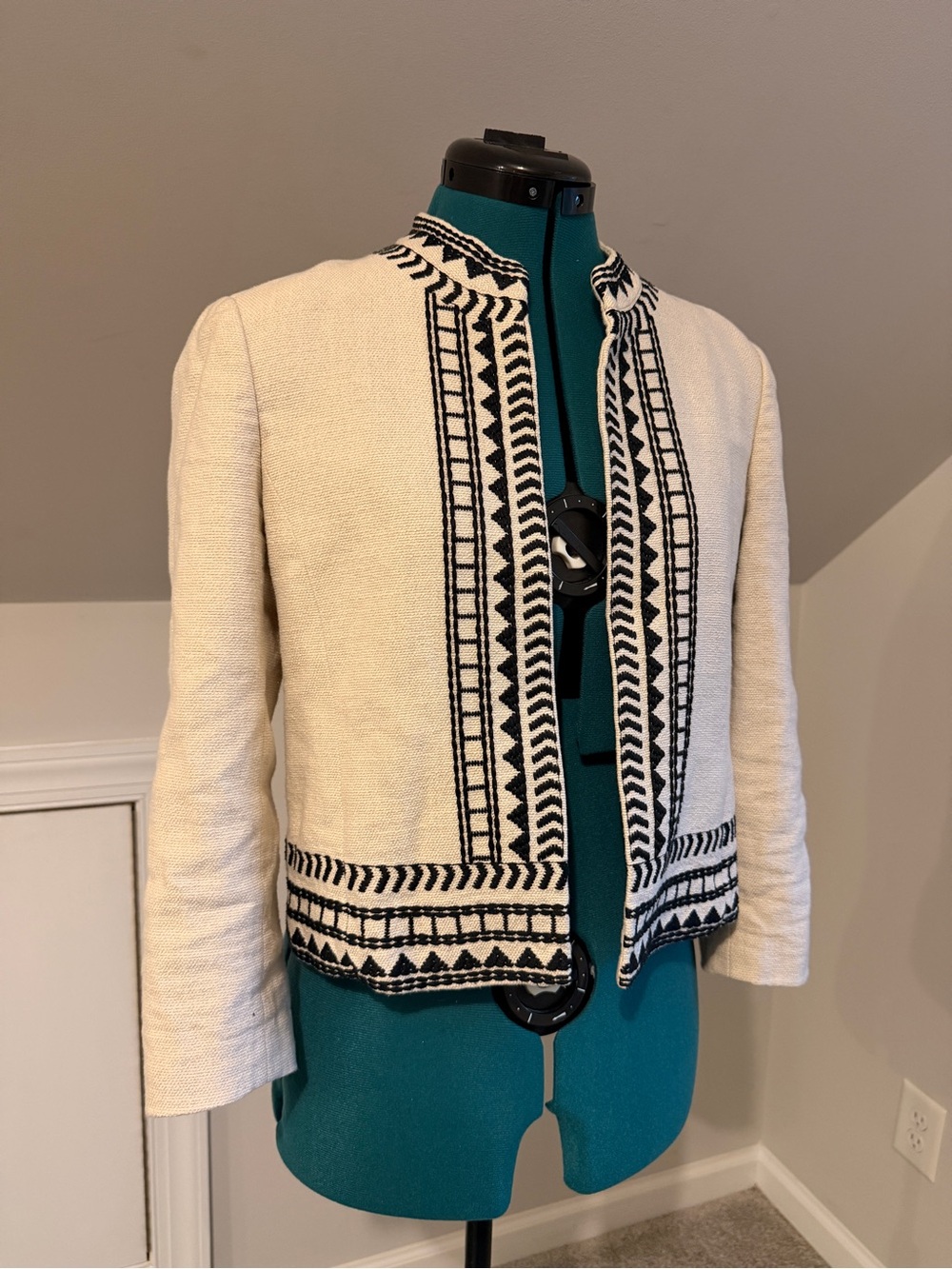 Ann Taylor Cream Jacket with Black Embroidered Trim
